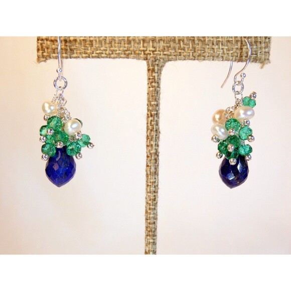 Lapis Lazuli-Green Quartz-Fresh Water Pearl Beaded Sterling Silver Earrings - Picture 6 of 6
